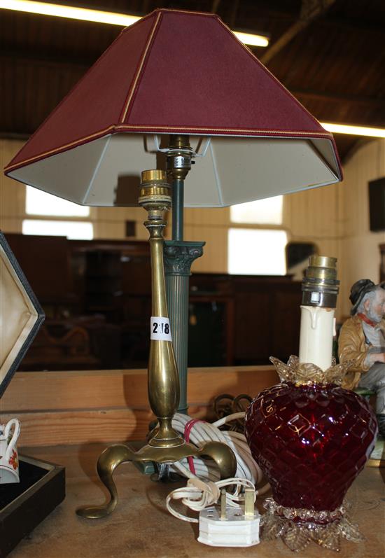 Brass lamp, glass lamp & another